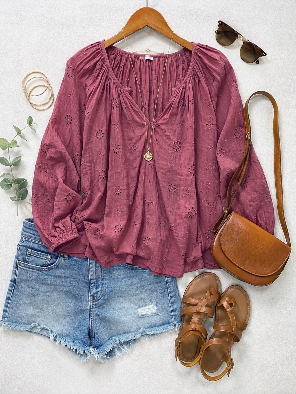 Aerie Mauve Eyelet Peasant Top Small Petite Boho Cottagecore